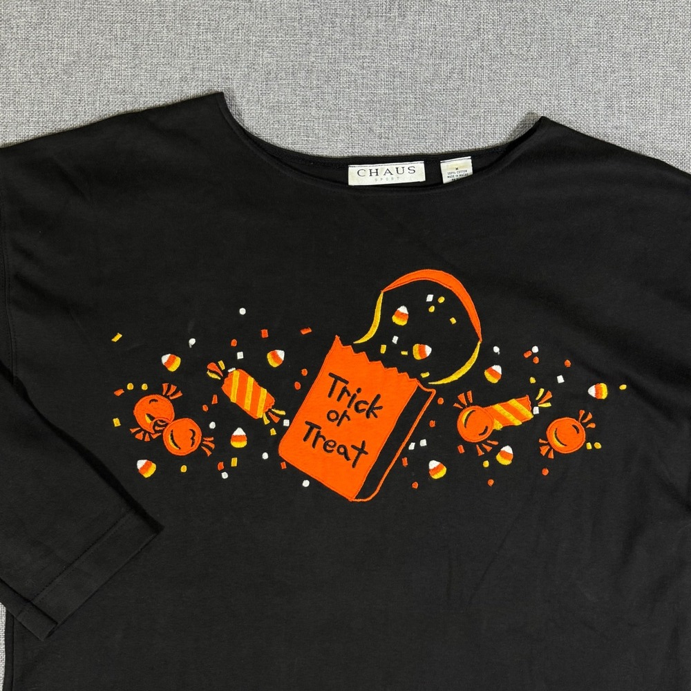 VTG Chaus Sport Embroidered Halloween Shirt Women M Black Trick or Treat Spooky